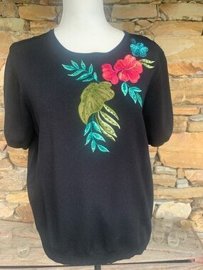 Alfred Dunner Black Crewneck Sweater with Pink Floral Embroidery
